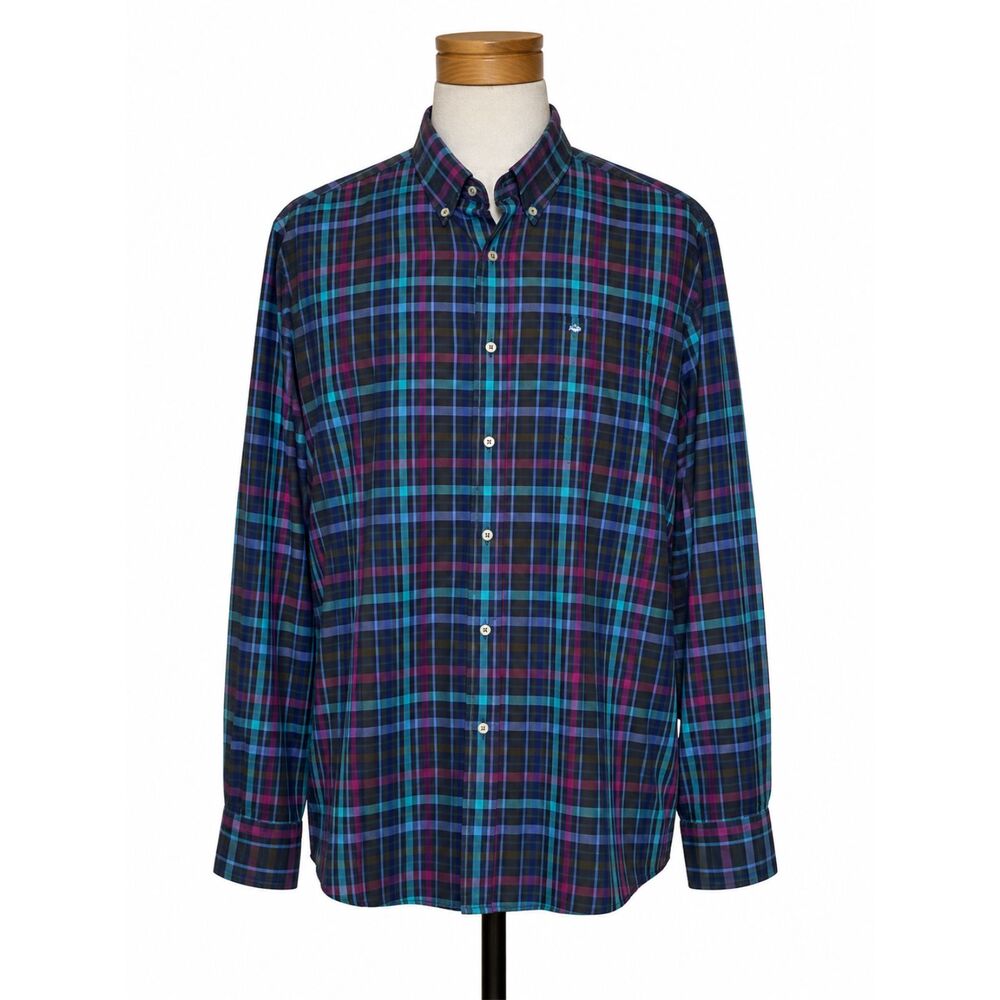 Southern Tide Button Down Shirt Classic Fit Plaid Blue Purple Green LG Cotton